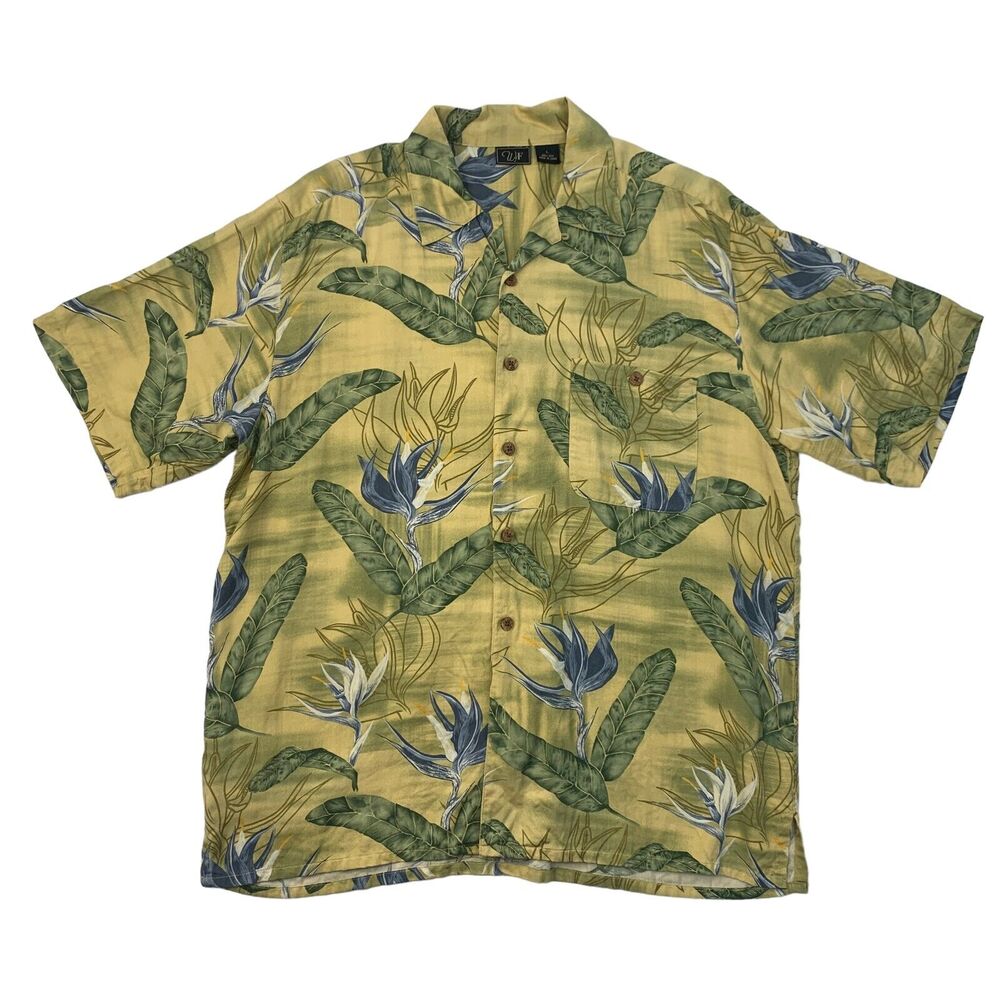 WF Hawaiian Silk Shirt Mens L Large Yellow Floral Short Sleeve Island Casual